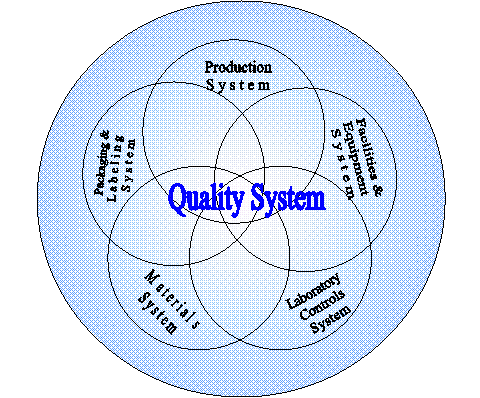 Quaity System, overlaps with Production, Facilities and Equipment, Laboraty Controls, Materials, and Packaging and Labeling
