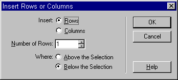 Вставка строк или столбцов в таблицу в Macromedia Dreamweaver 3