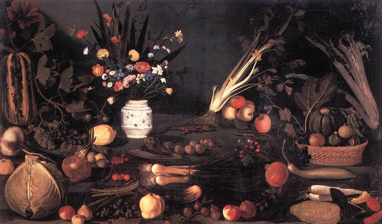       , 1590 <br>  ,  <br> Still-Life with Flowers and Fruit. 1590s. Oil on canvas, 105 x 184 cm. Galleria Borghese, Rome. 