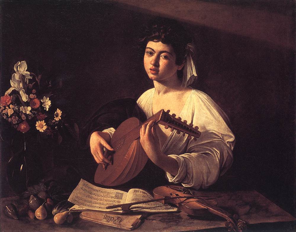  <br> Lute Player. c. 1596. Oil on canvas, 94 x 119 cm. The Hermitage, St. Petersburg 