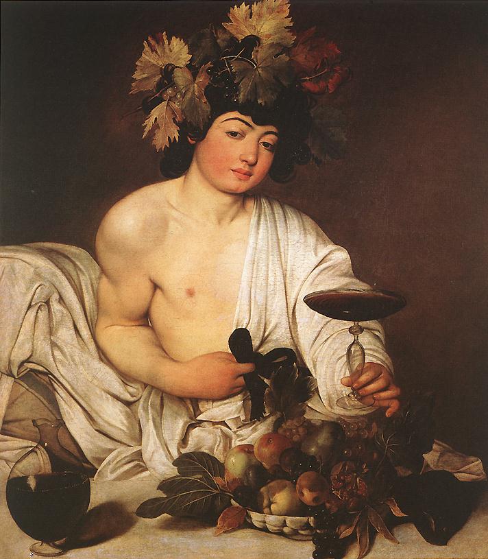  <br> Bacchus. c. 1596. Oil on canvas, 95 x 85 cm. Galleria degli Uffizi, Florence 