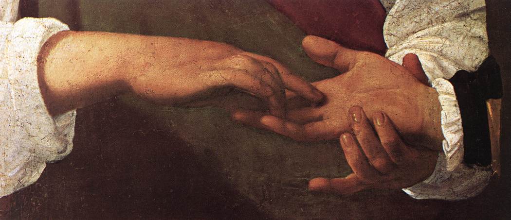  () <br> , <br>  The Fortune Teller (detail). 1596-97. Oil on canvas, width of detail: 44 cm. Musee du Louvre, Paris. 