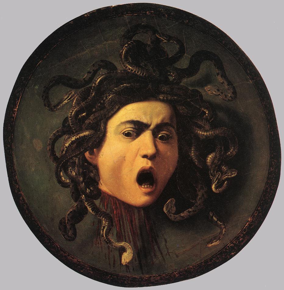  <br> Medusa. 1598-99. Oil on canvas mounted on wood, 60 x 55 cm. Galleria degli Uffizi, Florence. 
