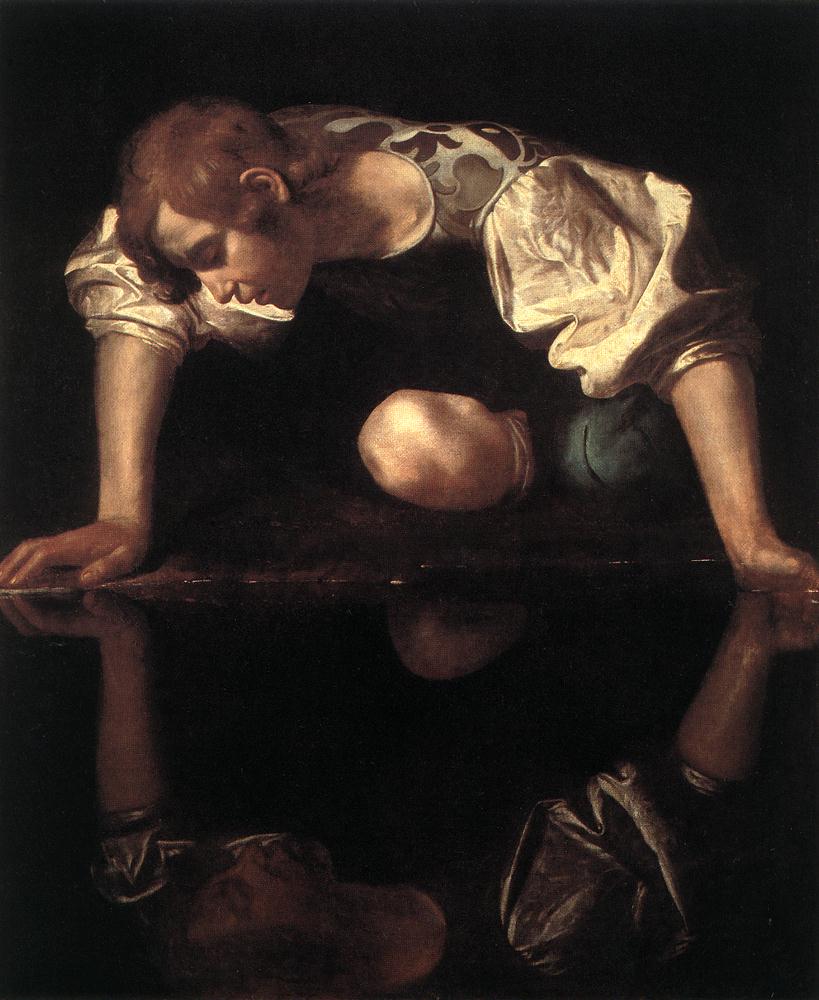  <br> Narcissus. 1598-99. Oil on canvas, 110 x 92 cm. Galleria Nazionale d'Arte Antica, Rome. 