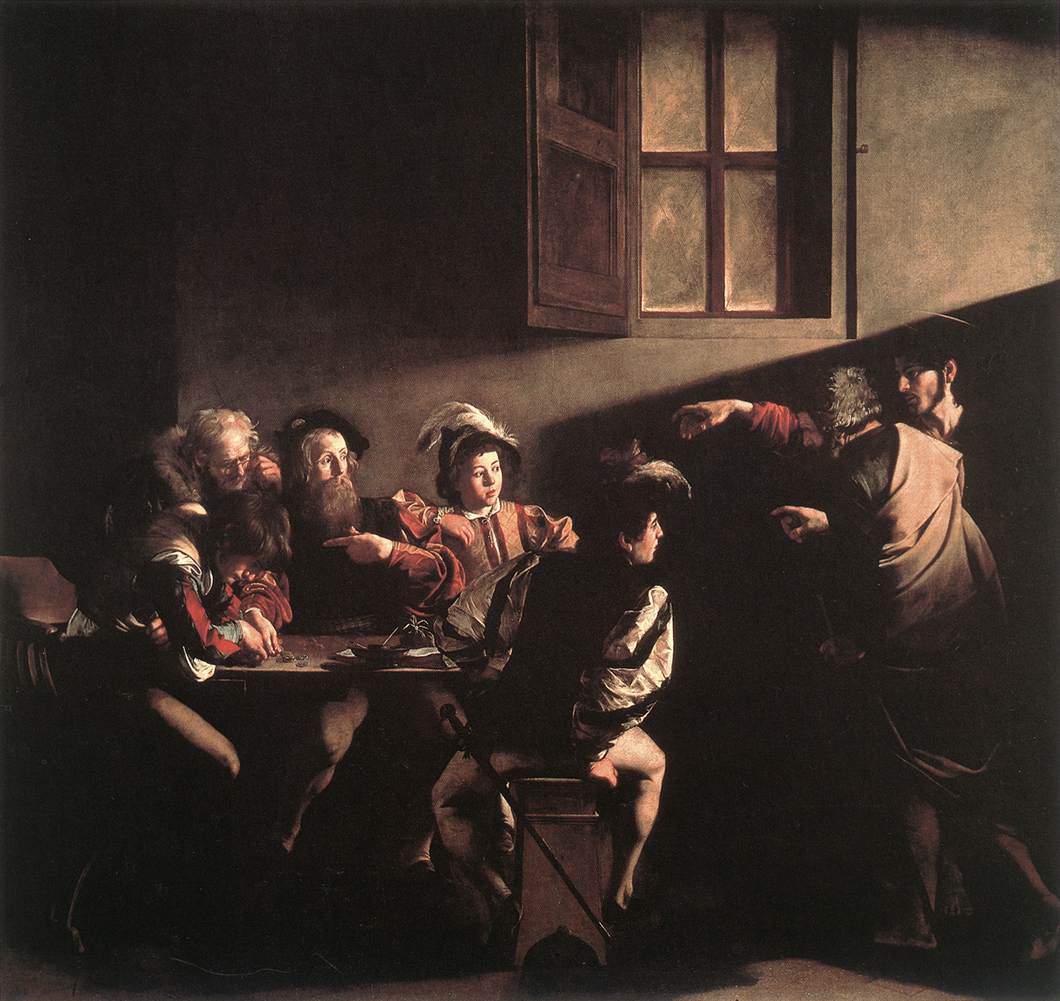    <br>  -     <br>The Calling of Saint Matthew. 1599-1600. Oil on canvas, 322 x 340 cm. Contarelli Chapel, San Luigi dei Francesi, Rome. 