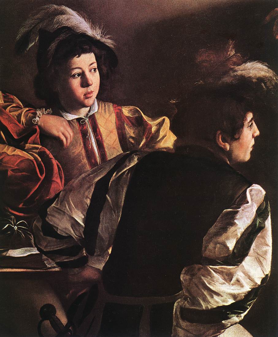    ()<br>  -     <br> The Calling of Saint Matthew (detail). 1599-1600. Oil on canvas, width of detail: 92 cm. Contarelli Chapel, San Luigi dei Francesi, Rome. 