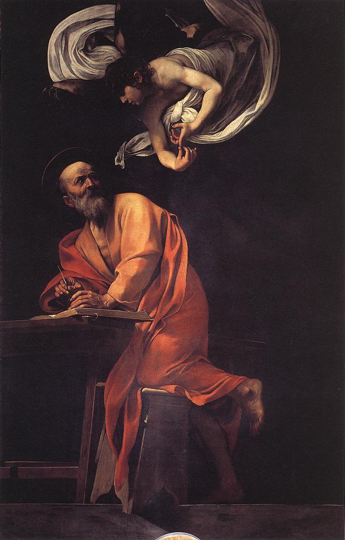    <br>  -     <br> The Inspiration of Saint Matthew. 1602. Oil on canvas, 292 x 186 cm. Contarelli Chapel, San Luigi dei Francesi, Rome.  