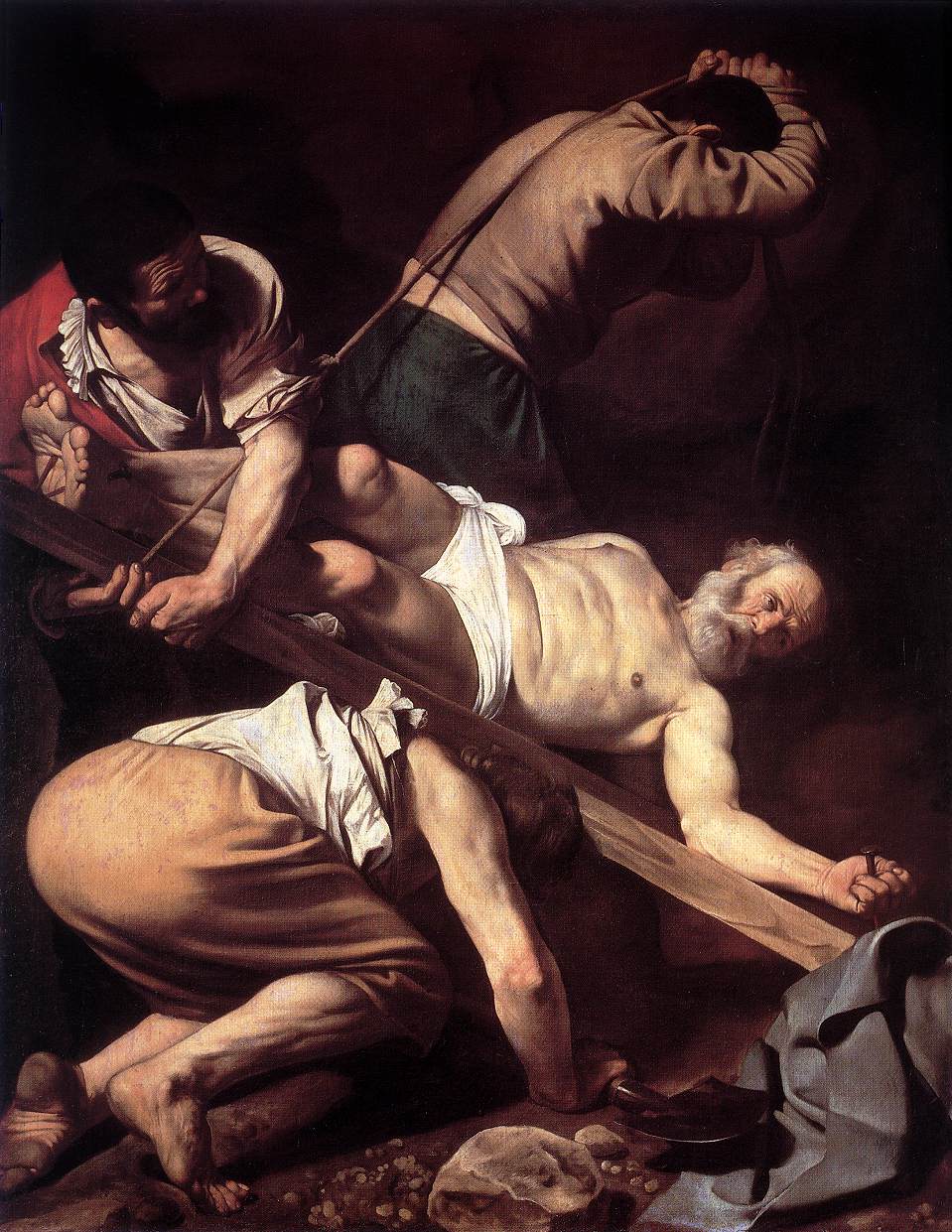    <br>    -   <br> The Crucifixion of Saint Peter. 1600. Oil on canvas, 230 x 175 cm. Cerasi Chapel, Santa Maria del Popolo, Rome. 