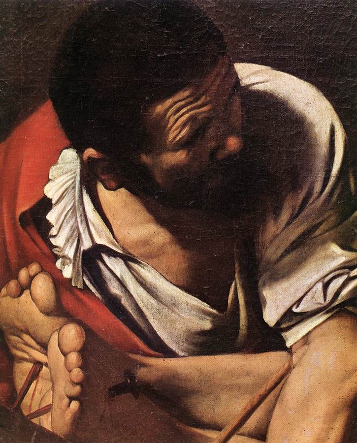    () <br>    -   <br>The Crucifixion of Saint Peter (detail). 1600. Oil on canvas, width of detail: 51 cm. Cerasi Chapel, Santa Maria del Popolo, Rome. 