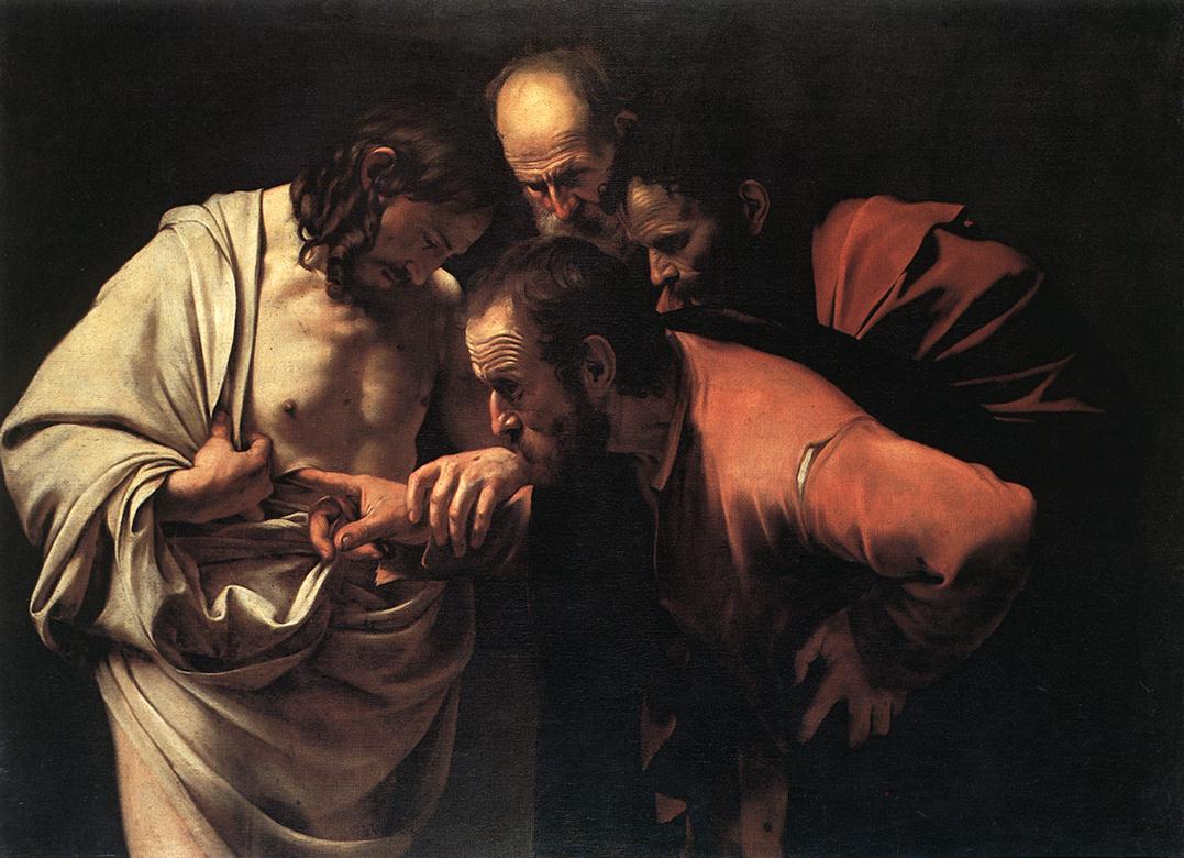    <br> The Incredulity of Saint Thomas. 1601-02. Oil on canvas, 107 x 146 cm. Sanssouci, Potsdam. 