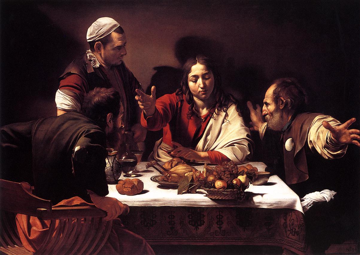   Emmaus <br> Supper at Emmaus. 1601-02. Oil on canvas, 139 x 195 cm. National Gallery, London. 