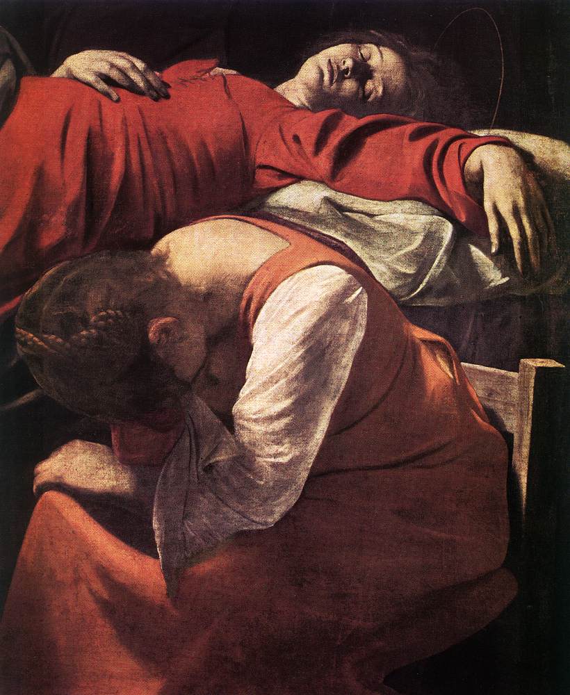   () <br> , <br> The Death of the Virgin (detail). 1605-06. Oil on canvas, width of detail: 97 cm. Musee du Louvre, Paris. 