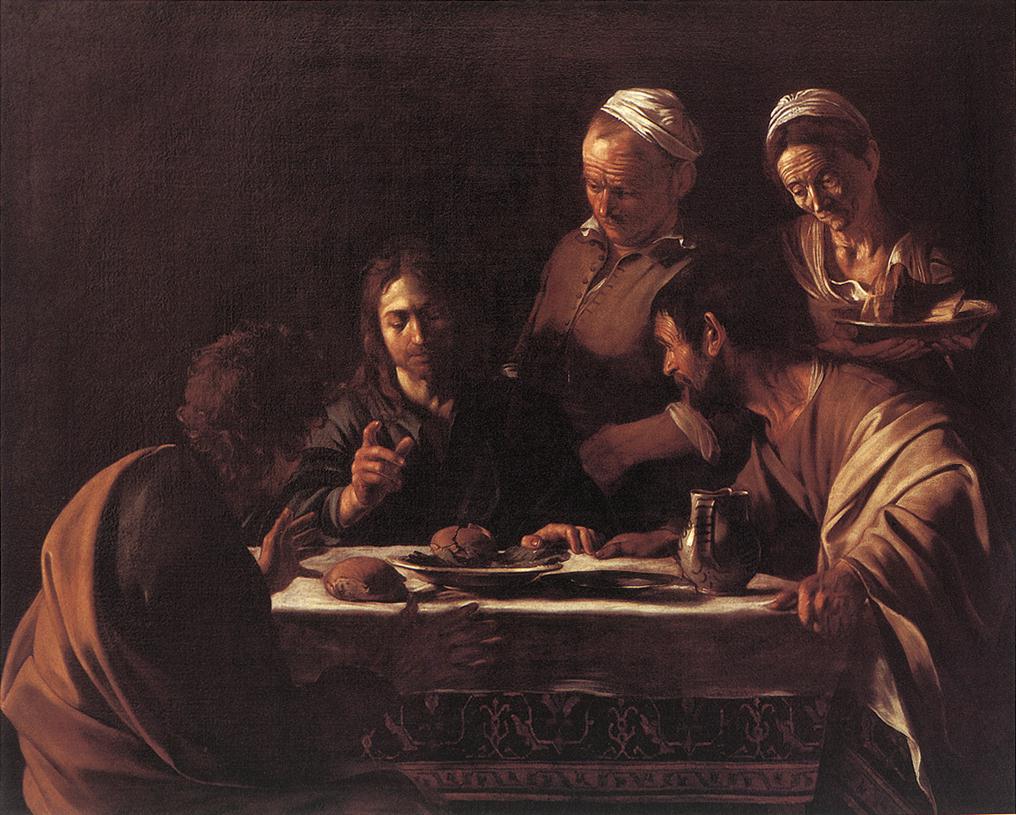  <br> Supper at Emmaus. 1606. Oil on canvas, 141 x 175 cm. Pinacoteca di Brera, Milan.  