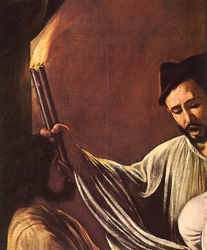   ( ) <br>  The Seven Acts of Mercy (detail). 1607. Oil on canvas, width of detail: 70 cm. Church of Pio Monte della Misericordia, Naples. 