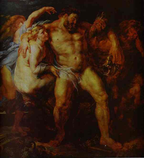 Hercules Drunk, Being Led Away By a Nymph and a Satyr. c.1611.   .  , ,    