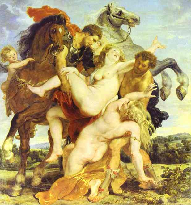 Castor and Pollux Abduct the Daughters of Leukyppos. c.1618.   . Alte Pinakothek, Munich, Germany.    