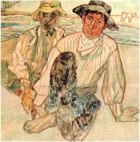  , 1913<br>,  .  <br>Italian Fishermen<br>Watercolor, graphite pencil on paper. The Russian Museum<br>16.5x16.4 cm 