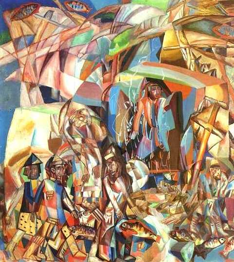  , 1913-1914<br>  .  <br>Fishermen Schooner<br> Oil on paper mounted on canvas. The Russian Museum<br>106x100 cm 