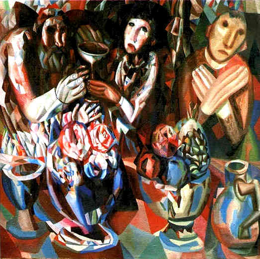   3-   , 1914-1915<br>  .  <br>A Party of Three at the Table<br>Oil on canvas. The Russian Museum<br>98x101 cm 