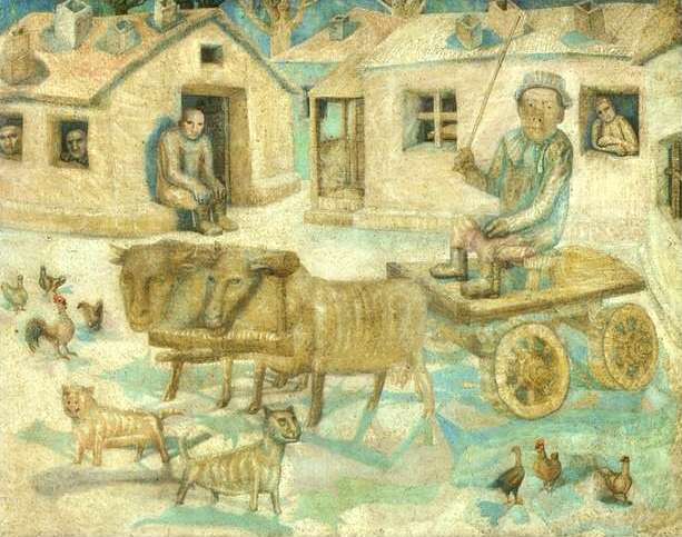 .    , 1918<br>  .  <br>Oxen. Scene from the Life of Savages<br>Oil on canvas. The Russian Museum<br>62.5x80 cm 