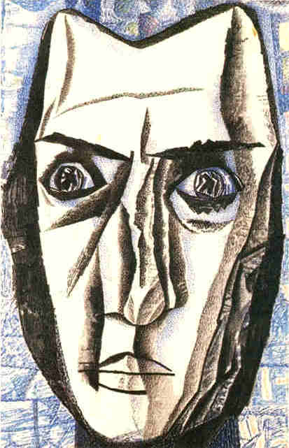 , 1918-1923<br>׸     .  <br>A Head<br>Black and blue pencils on paper. The Russian Museum<br>14.7x9.5 cm 