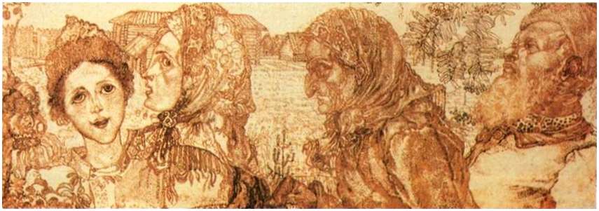  , 1910<br>, .  <br>A Peasant Family<br> Watercolor, brown ink, Indian ink. The Russian Museum<br>6.2x17.5 cm 
