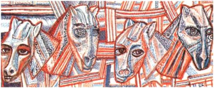 , 1924-1925<br>, ,   .  <br>Horses<br>Watercolor, Indian ink, feather on paper. The Russian Museum<br>5.6x13.5 cm 