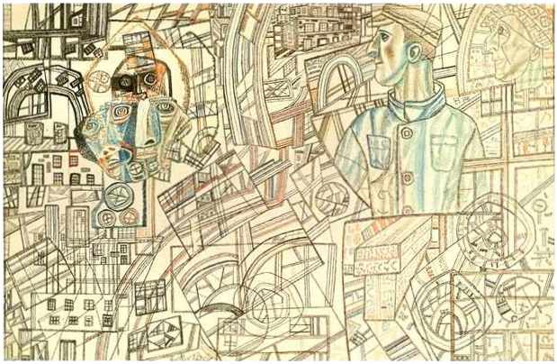 , 1925-1926<br>, ,   .  <br>A Mechanic<br>Watercolor, Indian ink, feather on paper. The Russian Museum<br>29x47.5 cm 