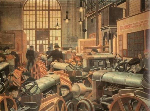  , 1931<br>  .  <br>The Tractor Department at the Putilovsky Works<br>Oil on plywood. The Russian Museum<br>71x96 cm 