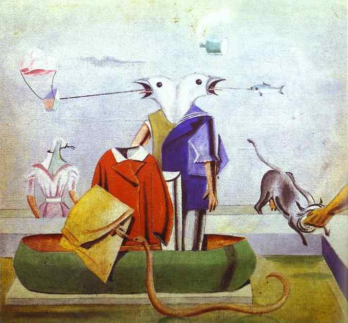  (, -  ) <br> Birds; also: Birds, Fish-Snake and Scarecrow. c. 1921. Oil on canvas. Staatsgalerie Moderner Kunst, Munich, Germany. <br> 58 x 62.8 cm 