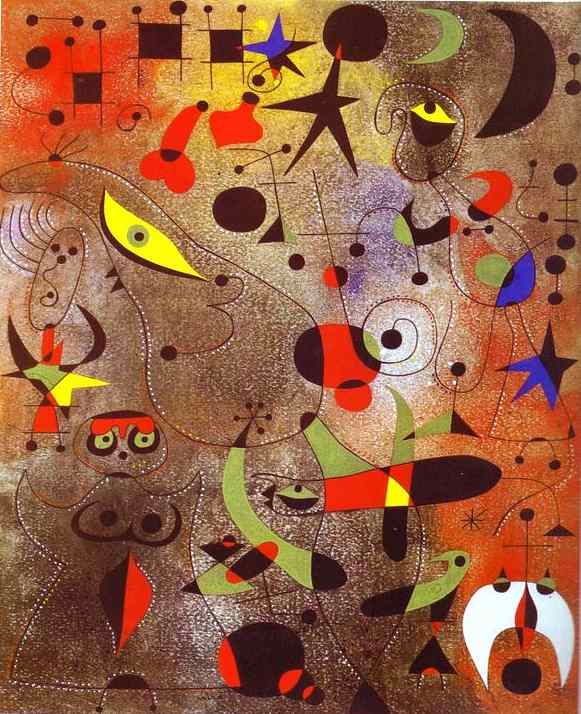 :   . 1941.     .   <br> Constellation: Awakening at Dawn. 1941.Gouache and terpentine paint on paper. Private collection. <br> 46 x 38 cm 
