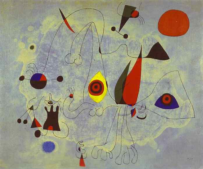     . 1946.   .   ,  <br> Women and Birds at Sunrise. 1946. Oil on canvas. Fundacio Joan Miro, Barcelona, Spain. <br> 54 x 65 cm. . 