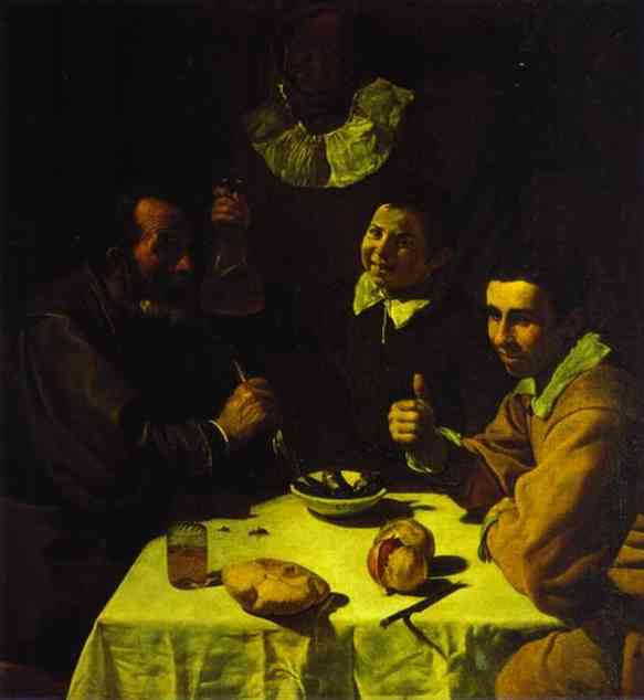   . 1618. , . <br>Three Men at Table. c. 1618. Oil on canvas. The Hermitage, St. Petersburg, Russia.  