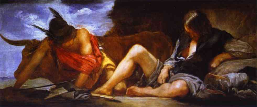  . 1659. , .  , <br>Mercury and Argus. c. 1659. Oil on canvas. Museo del Prado, Madrid, Spain.    
